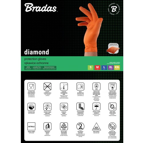 Нітрилові захисні рукавички, DIAMOND, розмір XXL, 10-11, помаранчеві, RWJNDOR11